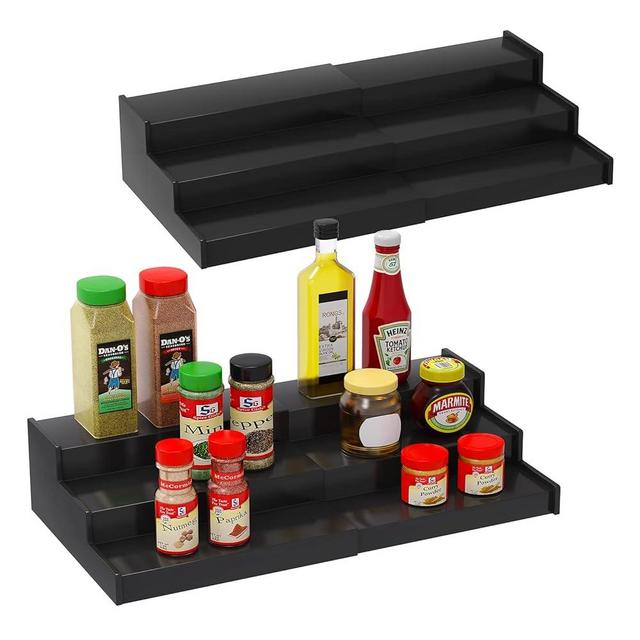 Lenwi Spice Rack Organizer for Cabinet 2Pack, 3 Tier Expandable Bamboo Spice Storage, Great for Kitchen Cabinet, Cupboard,Pantry and More(Black)