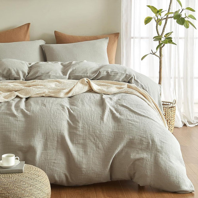 SE SOFTEXLY Muslin Duvet Cover Oversized King Size, 100% Washed Cotton Duvet Cover Set, Ultra Soft Comforter Cover Linen Like, 3 Pieces Gauze Duvet Cover with 2 Pillowcases, 98"x120", Smoky-Green