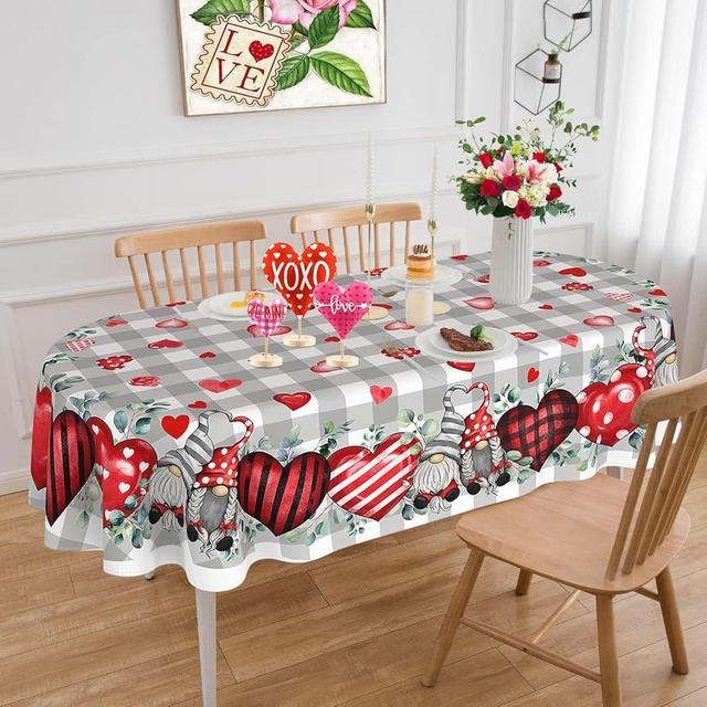 ZORKET Valentines Day Tablecloth Oval 52x70 Inch, Valentine Heart Tablecloth Buffalo Plaid Eucalyptus Leaves Gnome Table Cloth Cover for Dinner Party Wedding Decor
