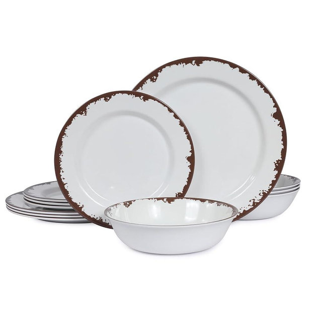 Yinshine Melamine Dinnerware Set-12 Piece Melamine Plates and Bowls Set for 4,Lightweight yet Durable Dish Set,Camping/RV Unbreakable Serving Dishes, Dishwasher Safe, Off White