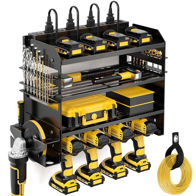 POKIPO Power Tool Organizer Charging Station with Angle Grinder Holder, Heavy Duty 4 Layer Drill Holder Wall Mount, Tool Storage in 8 Outlet Power Strip, Utility Rack with 6.56ft Cord for Garage