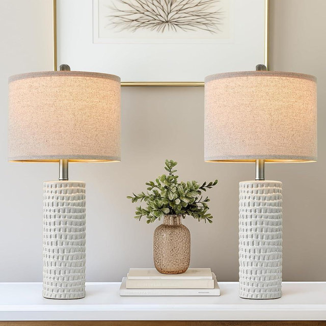 PORTRES 24" Modern Ceramic White Table Lamp Set of 2 for Bedroom Living Room Farmhouse Bedside Lamps Nightstand lamp Desk Lamp for End Table Home Decor
