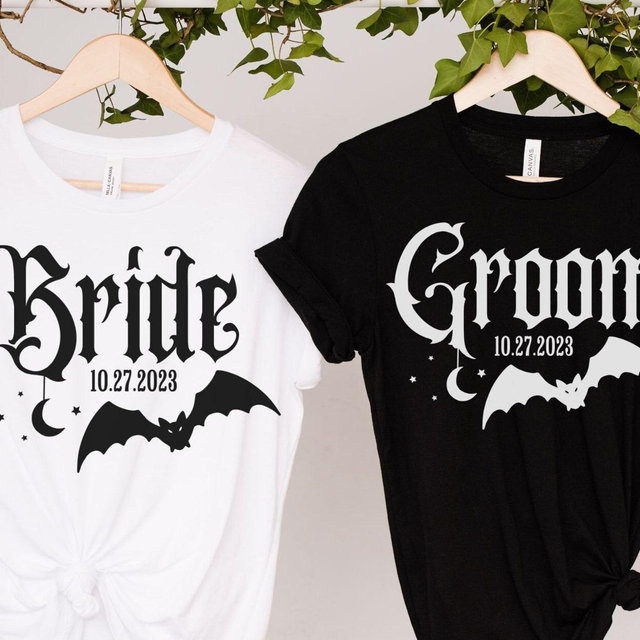 Spooky Bride and Groom Shirt, Custom Halloween Wedding Shirts, Just Married Gifts, Mr and Mrs TShirt, Couple Honeymoon Outfits, Engaged Tee