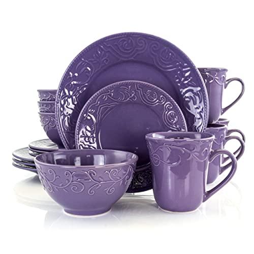 Elama Embossed Stoneware Elegant Round Dinnerware Dish Set, 16 Piece, Lilac Purple