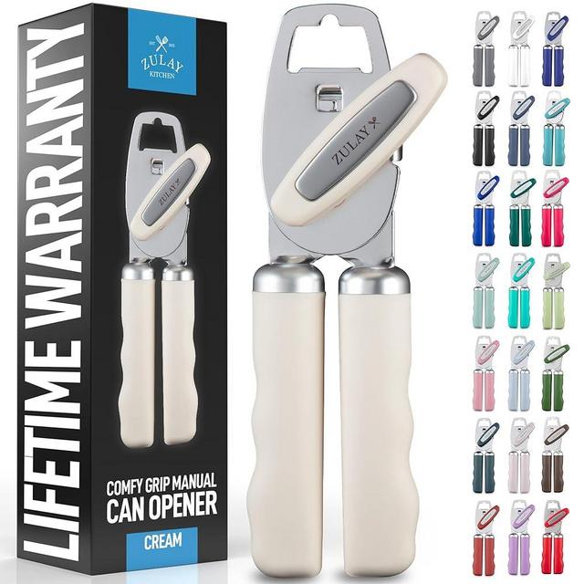 Zulay Kitchen Heavy Duty Stainless Steel Can Opener Manual with Bottle Opener - Rust Proof Manual Can Opener With Turn Knob & Comfy Soft Grip Handles - Cream