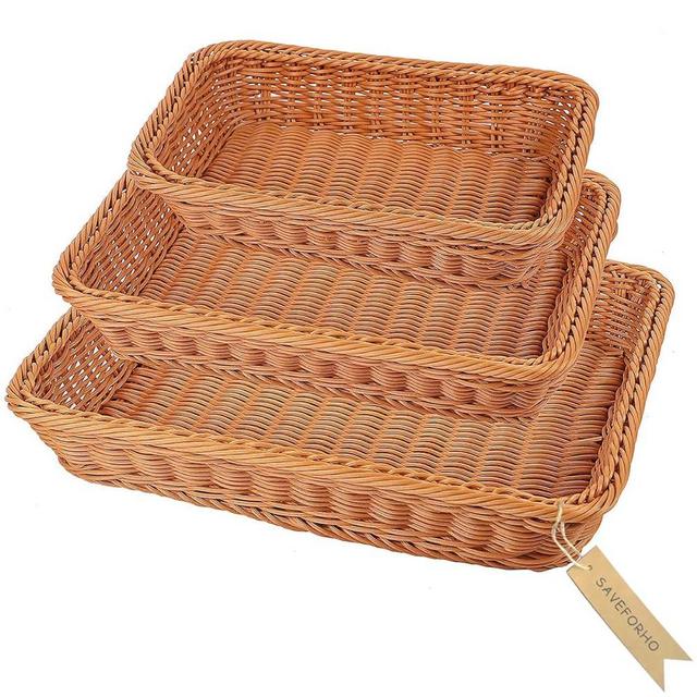 SAVEFORHO Poly Wicker Woven Bread Basket, Tabletop Food Serving Baskets Trays for Fruits Vegetables and Snacks, Restaurant Hotel Kitchen Serving Display Imitation Rattan Brown (3 Pack)