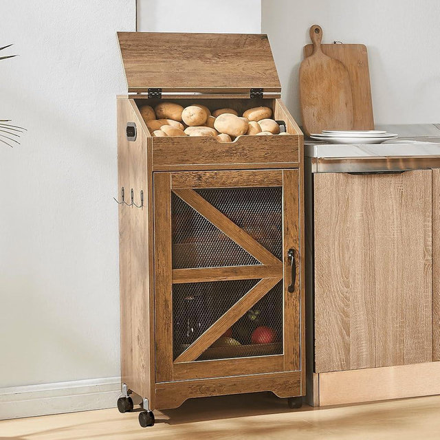 SAHISTCT Potato Storage Bin with Wheels, Wood Potato and Onion Storage Cabinet with Lid, Movable Fruit and Vegetable Box, Large Wooden Bread Box for Kitchen Pantry