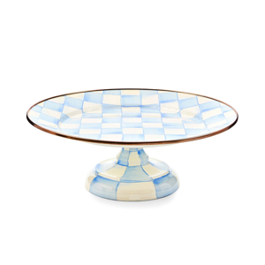 MACKENZIE-CHILDS Enamel Pedestal Platter, Round Cake Stand, Small, 12 Inches, Light-Blue-and-White Sky Check