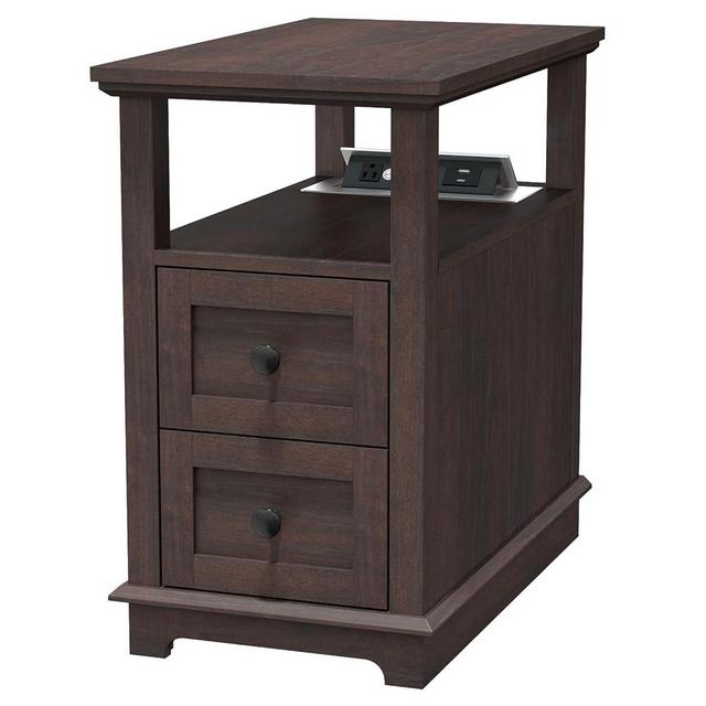 HIFYOBRO Narrow End Table with Flip Top Charging Station, Side Table with 2 Drawers, Type-C & USB Port & Power outlets, Wooden Storage Cabinet, Side Table with Storage for Living Room and Bedroom