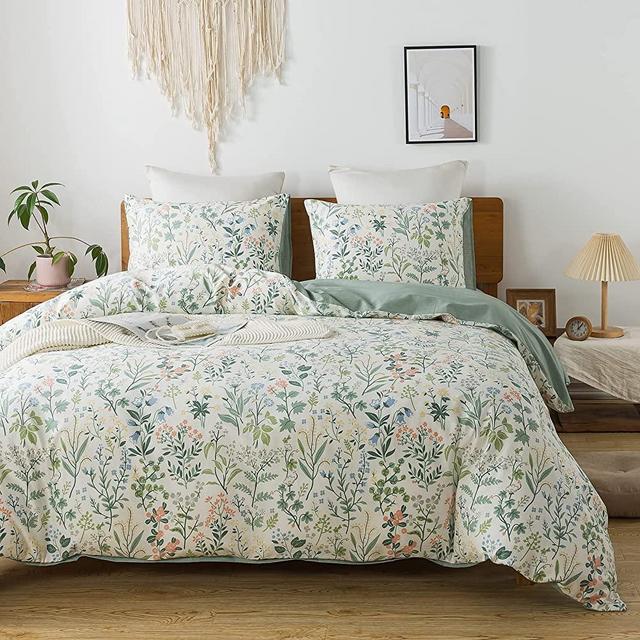 HoneiLife King Size 100% Cotton Floral Breathable Duvet Cover with Zipper Closure & Corner Ties,3pcs Wildflower Comforter Cover Sets- Fragrant Grass