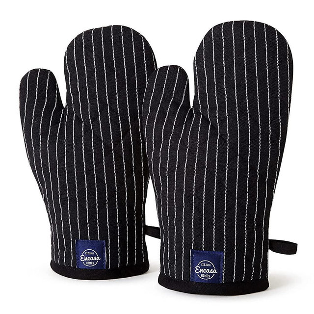 Encasa Homes Long 12 inch Oven Microwave Hand Gloves Mitts (2 pc Set) for Kitchen Cooking & Baking - Heat Resistant, Thick & Safe, Protection of Hands from Hot Utensils - Butcher Stripes Black