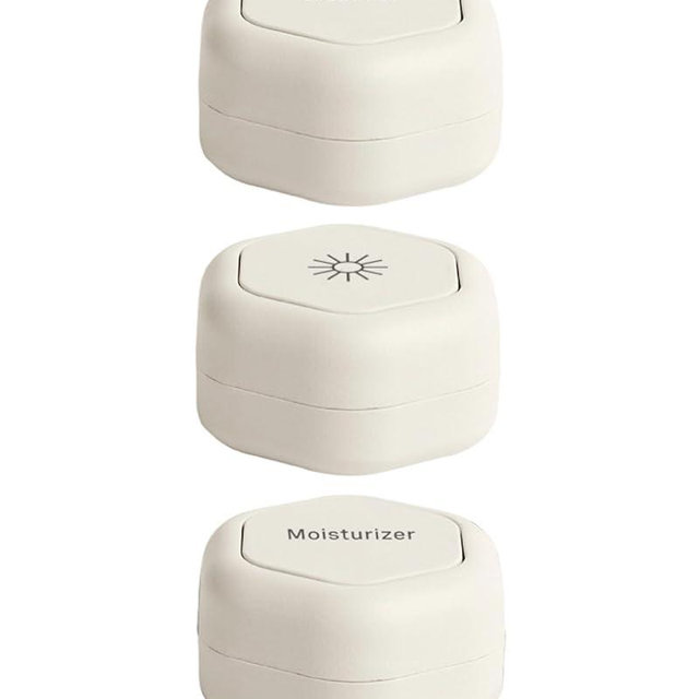 Cadence Travel Containers - Skincare Set - Magnetic Travel Capsules - For Facial Cleanser, Moisturizer, Sunscreen - 3 Medium Capsules (0.56oz) with Cleanser, Moisturizer & Sun-Icon Labels - Sand