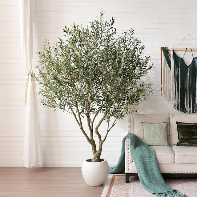 VeriNatural Olive Trees Artificial Indoor, 8FT Tall Faux Olive Tree with Round White Planter, UV Resistant Outdoor Large Fake Olive Plants for Modern Home Decor Living Room Office