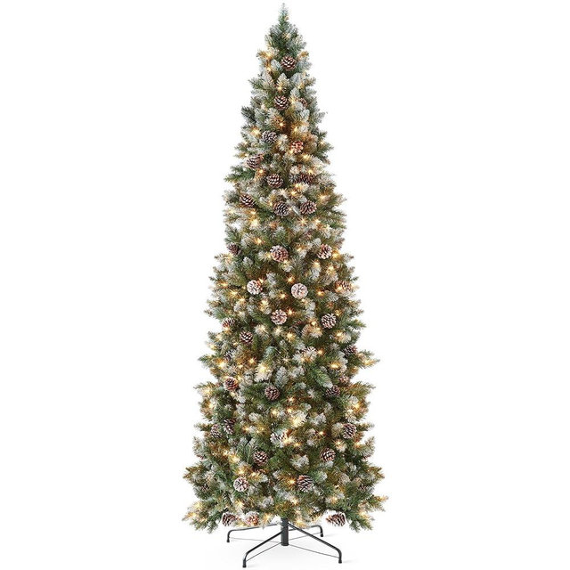 Best Choice Products 7.5ft Pre-lit Pencil Christmas Tree, Partially Flocked & Frosted Slim Holiday Tree Decoration, Skinny Xmas Tree, 350 Lights, 1,075 Frosted Tips, 64 Pine Cones, Foldable Stand