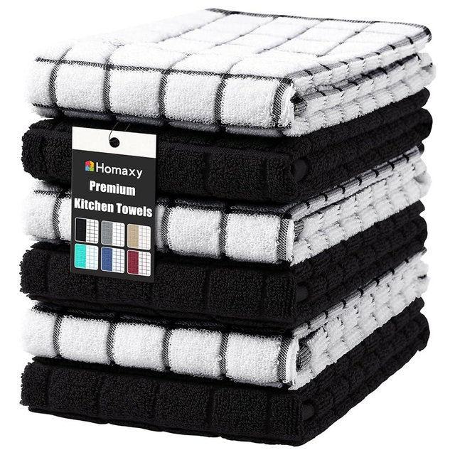 Homaxy Premium Cotton Kitchen Towels 16"x 28", Large Natural Ring Spun 390 GSM Dish Towels, Super Absorbent Terry Kitchen Hand Towels, Soft Tea Towel with Hanging Loop, Black Check Design, 6 Pack