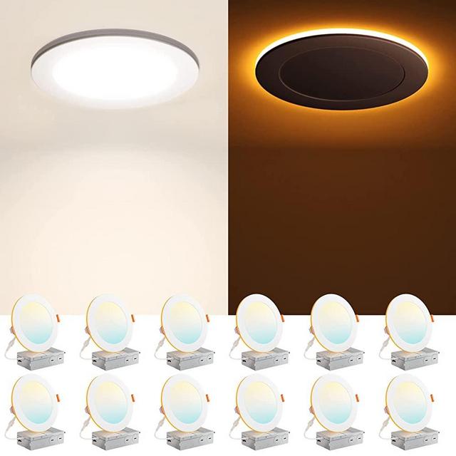 Amico 12 Pack 6 Inch 5CCT LED Recessed Ceiling Light with Night Light, 2700K/3000K/3500K/4000K/5000K Selectable Ultra-Thin Recessed Lighting, 12W=110W, 1100LM, Dimmable Canless Wafer Downlight ETL&FCC