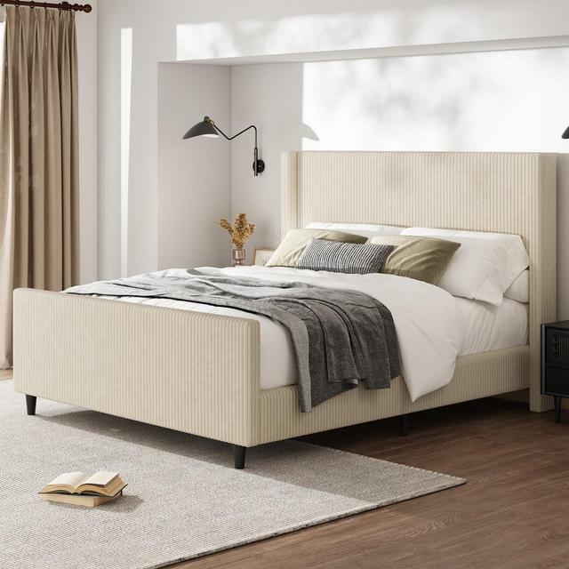 Merax Luxurious Corduroy Upholstered Bed Frame with Vertical Stripe Wingback Headboard, Queen, Cream