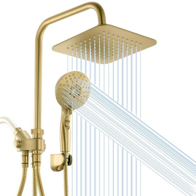 Ryamen Dual Shower Head Combo, Gold 8'' High Pressure Rain/Rainfall Shower Head,5 Settings Adjustable Handheld Showers,with 15" Height Adjustable Slide Bar,Holder/59’‘ Hose