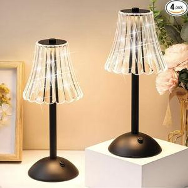 Liliful 4 Pcs Cordless Table Lamp Rechargeable Touch LED Small Black Portable Battery Operated USB-c Desk Lamp 3 Color Dimmable for Bedroom Living Room Dining (Black,Rose Style)