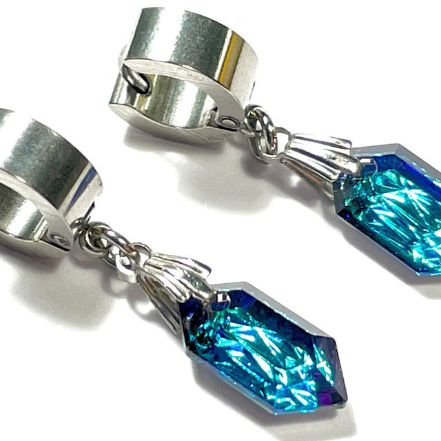 Metallic Blue Crystal Huggies Stainless Steel Minimalist Hoop Earring PAIR Earlobe Cartilage Helix Alternative Boho Body Jewelry Piercing