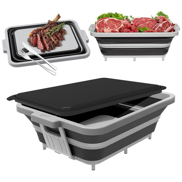 ANJUKE 17.5” Heavy Duty BBQ Prep Tub with Locking Lid - 4-in-1 Collapsible Meat Prep Station & Cutting Board, 2 Gallon Foldable Brisket Tub, Camping Sink & Drink Chiller for RV, Grilling & Picnics