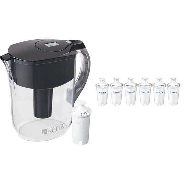 Brita Water Pitcher with 1 Filter, Large 10 Cup, Black & Standard Pitcher and Dispenser Replacement Water Filters, White, 6 Count
