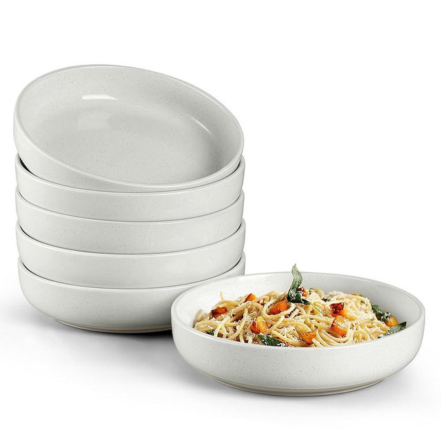 HaWare Pasta Bowls Set of 6, 32oz Large Salad Bowls for Home Kitchen, Ceramic Serving Plates for Soup, Cereal, Scratch-resistant Wide and Shallow Dinner Bowl, Microwave & Dishwasher Safe, Milky White