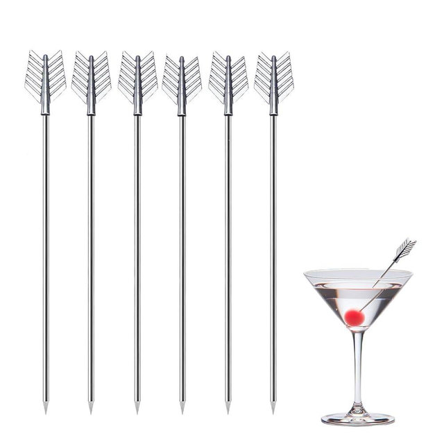 Sipoyen Arrow Cocktail Picks for Drinks 4 Inch Stainless Steel Reusable Metal Martini Picks Cocktail Garnish Skewers 6-Piece