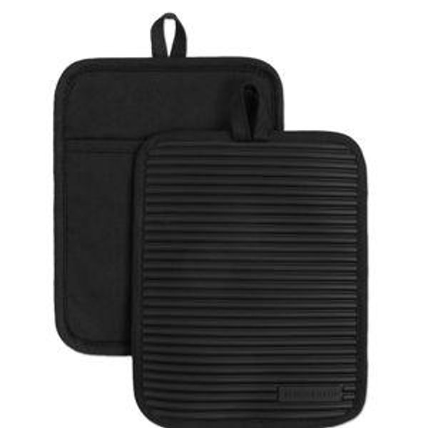 KITCHENAID Ribbed Soft Silicone Pot Holder 2-Pack Set, Matte Black, 7"x9"