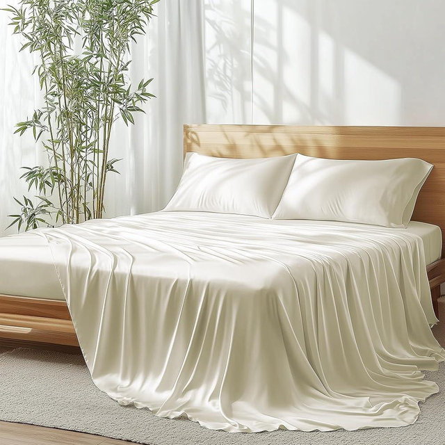 JSELF Bamboo Viscose Sheets Queen Size Bed Sheets Set 4 Pcs - 100% Organic Bamboo Viscose, 400 Thread Count Percale Luxuriously Soft Cooling & Breathable Double Stitching, 16” Deep Pocket - Warm Cream