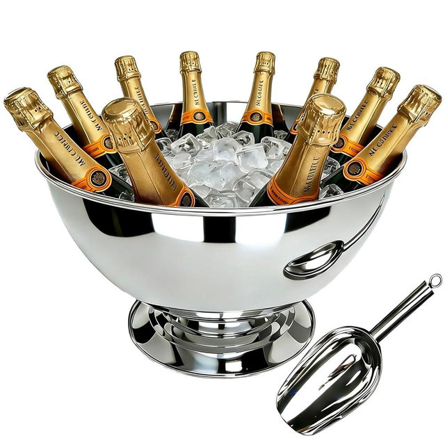 Stainless Steel Champagne Bucket with Scoop, 15.3" Large Capacity Ice Bucket with Detachable Base, Mirror Polished Inside & Out, Heavy Duty Wine Chiller Bowel for 8 Bottles Parties, Weddings