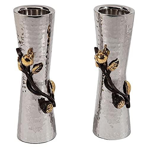 Yair Emanuel Large Candlesticks - Stainless Steel + Pomegranates