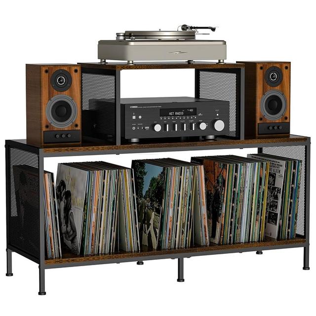 Spacious Vintage Record Player Table - Holds 150-250 Vinyl Albums, Adjustable Dividers, Side Display Areas - Ideal for Living Room, Bedroom, Office