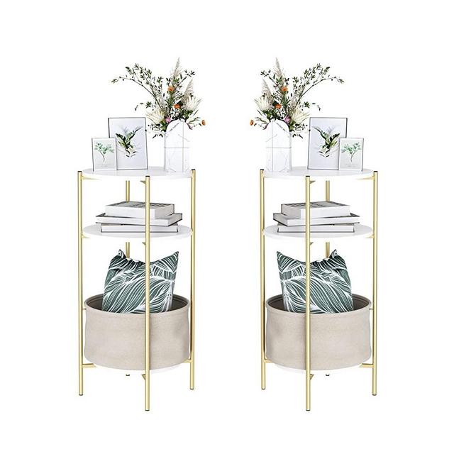 finetones Round End Table, 3-Tier Side Table Accent Table with Detachable Linen Basket and 2 Tier Storage Shelf, Modern Bedside Sofa Coffee Table for Living Room, Bedroom, White/Gold, 2