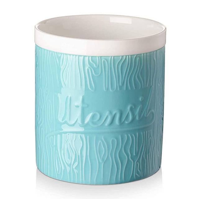 DOWAN Kitchen Utensil Holder Large, 7.3” Jumbo Utensil Holders for Countertop, Heavy Ceramic Utensil Crock, Anti Slip & Scratch Cork Bottom, Utensil Crock for Home Décor, Mason Blue