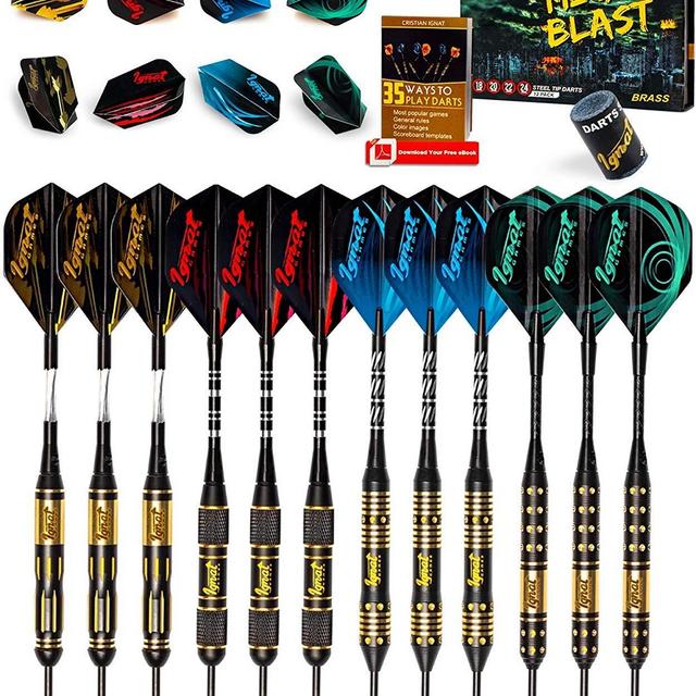 IgnatGames Steel Tip Darts Set - Professional Darts with Aluminum Shafts, Rubber O'Rings, and Extra Flights + Dart Sharpener + Innovative Case + Darts Guide (Mega Blast)