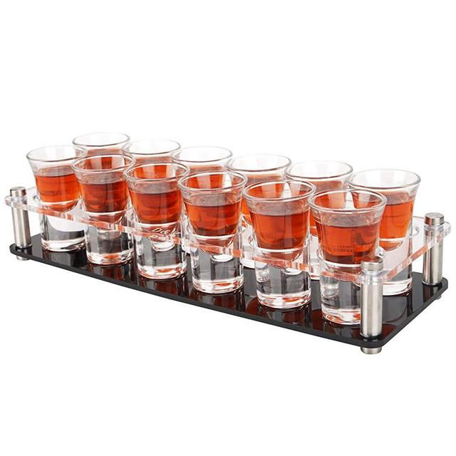 D&Z Shot Glass Set, Cool Shot Glasses with Holder for Party/Bar/Restaurant, 12 Funny Shot Glasses for Men/Women/Adult/Tequila/Vodka, Fancy Shot Glass Holder/Tray/Server for Serving, Housewarming Gift