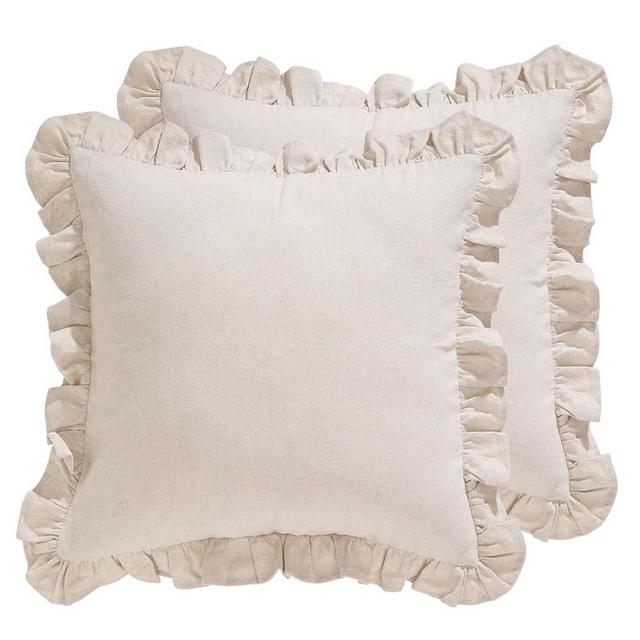 patdrea Linen Shabby Chic Decorative Throw Pillow Covers 22"x22" Set of 2,Farmhouse Linen Pillow Covers with Ruffles,Square Sturdy Throw Pillow Case for Couch Sofa Bed Living Room