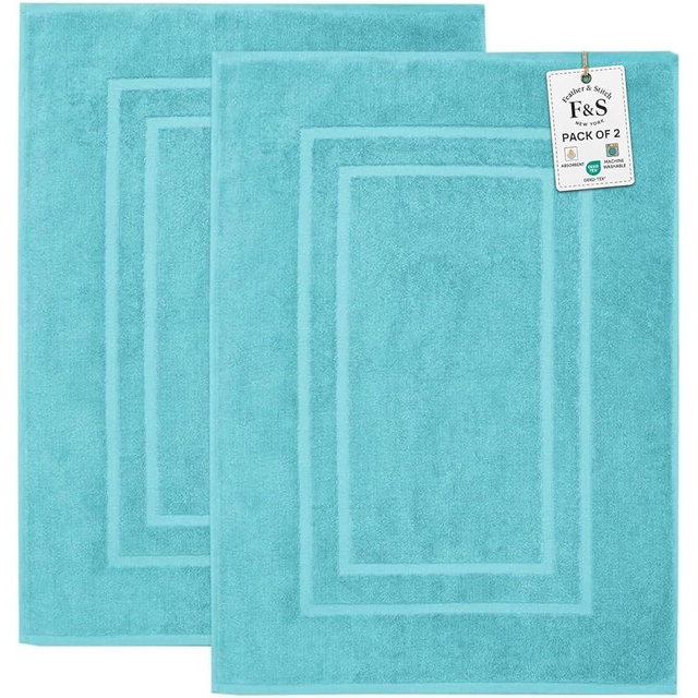 Feather & Stitch 2 Piece Towel Like Bath Mats (30x21 Inch) 100% Cotton Terry Bath Mats, Bathroom Shower Floor Mats [NOT A Bathroom Rug], Soft Absorbent Washable Mats - Aqua