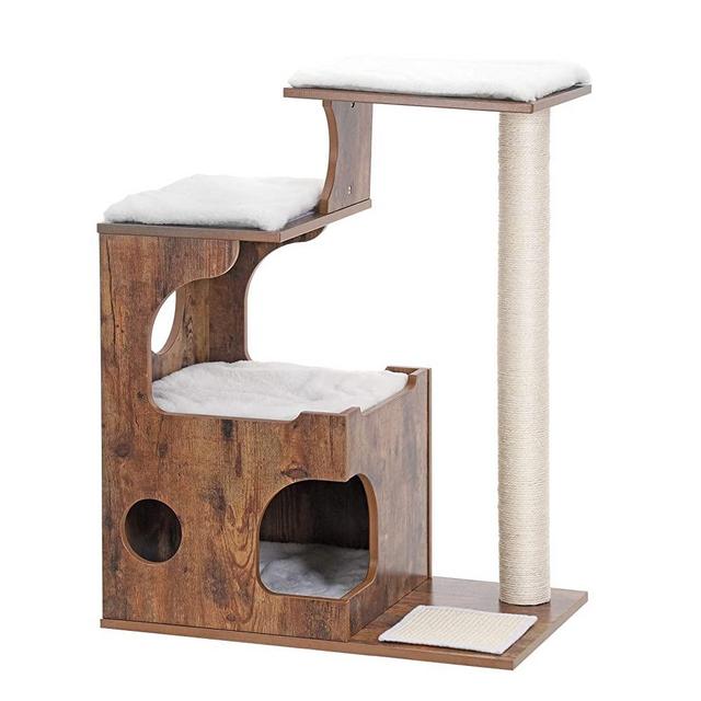 FEANDREA 34.6 inches Cat Tree, Medium Cat Tower with 3 Beds and House, Cat Condo, Sisal Post and Washable Faux Fur, Vintage, Rustic Brown and White UPCT70HW