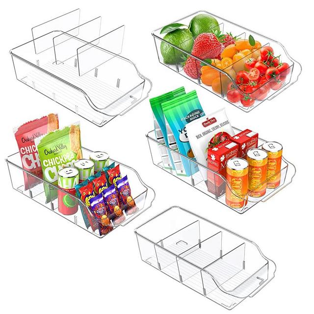 Plastic Pantry Organization and Storage Bins with Dividers, 5 Pack Plastic Clear Storage Bins for Storing Snacks, Seasoning, Pouches, Refrigerator Organizer Bins, Cabinet Organizers, Snack organizer