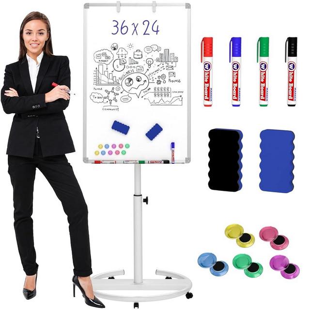 Nicpro Mobile Whiteboard 36"x 24" Magnetic Dry Erase Board, Height Adjustable Standing Easel With 5 Wheels, Flipchart Hooks, Rolling for Office Home or Classroom Teaching