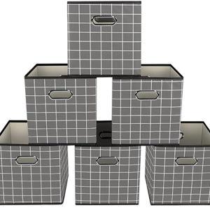 Yunkeeeper storage bins Cubes, Fabric Cube Organizer with Handle, Foldable Cube Bins for Cloth or Accessary Storage, 11x11x11, Set of 6, (Grey grid)