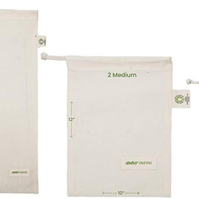 AMOUR INFINI Reusable Organic Cotton Grocery Bag | Washable Muslin Bags for Fruits and Vegetables Storage | Set of 6 | Tare Weight Tag, Drawstring | Produce Saver Bags | Nut Milk Bags
