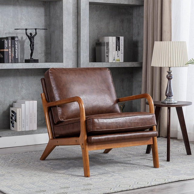 JOYBASE Lounge Arm Chair, Mid Century Modern Accent Chair, Wood Frame Armchair for Living Room, Bedroom (Brown, PU Leather)
