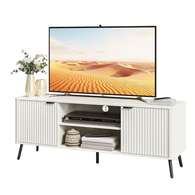 Fatmok TV Stand for TVs Up to 65", Wooden Entertainment Center with 2 Cabinets, Modern Fluted Media TV Console Table with Open Storage Shelf for Living Room & Bedroom, Curved Profile Design, White
