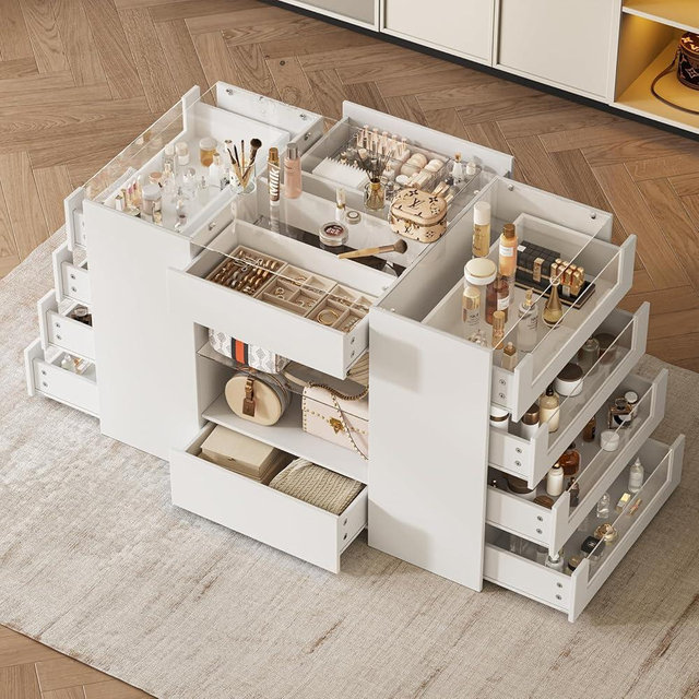 LIVAUVEAD Closet Island with Drawers, Wardrobe Armoire Bedroom Island, Glass Display Shelf & 12 Drawers, White Dresser with Glass Top, Walk-in Closet Island for Bedroom, Cloakroom