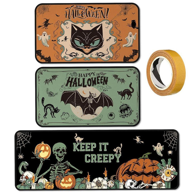 SATINIOR 3 Pcs Halloween Skeleton Kitchen Rug and Mat Set Gothic Halloween Decor Anti-Fatigue Non Slip Black Bat Cat Floor Mats Washable Door Mat Spooky Ghost Decor for Kitchen Carpets Home Floor