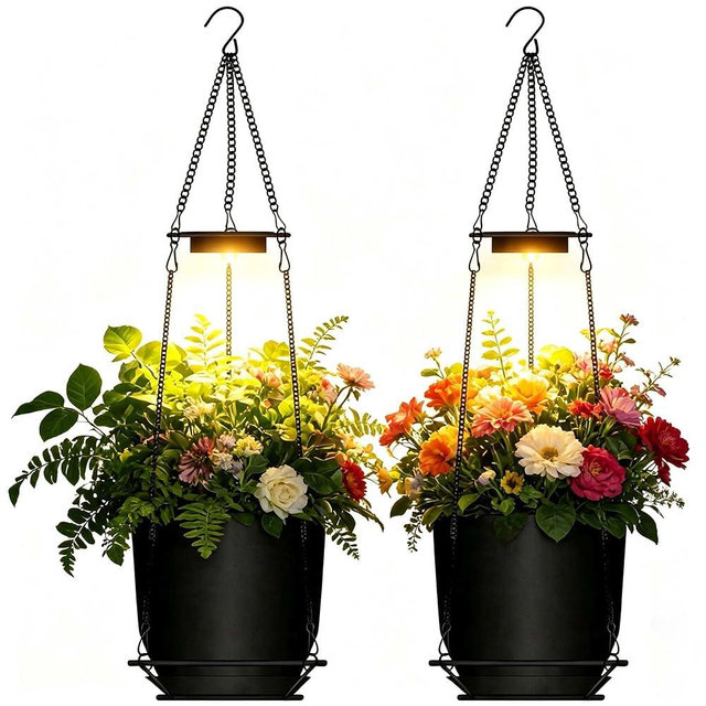 DOMXRUI Hanging Baskets for Plants Outdoor, 2 Pack Self Watering Flower Pots with Solar Lights, Durable Large Hanging Planter for Patio Porch Balcony Gardener Gift