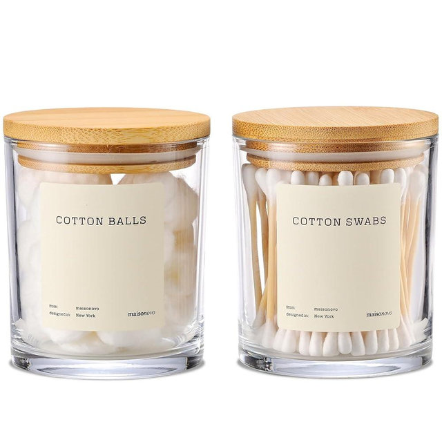 MaisoNovo Qtip Holder Bathroom Set – Airtight Q tip and Cotton Round Holder with Lid to Store Cotton Rounds, Swabs, Floss Picks, Hair Ties with Free Labels Pack - 2 Clear Jars with Bamboo Lids